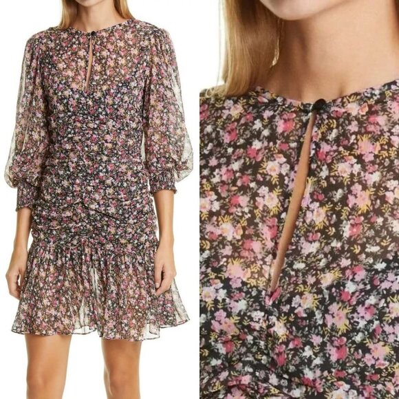 Anthropologie Dresses & Skirts - byTimo Ditsy Floral Print Chiffon Flounce Ruched Mini Dress Long Sleeve XS